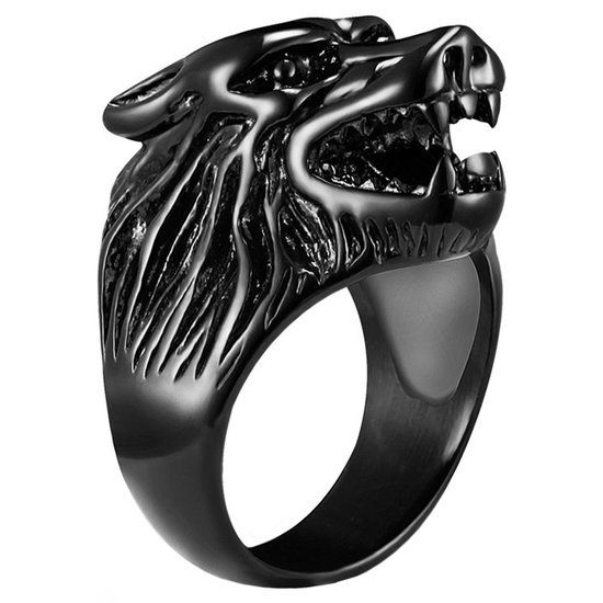 Mendes Steel Heren ring edelstaal Wolf Zwart-21.5mm