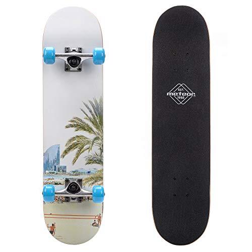 Meteor Compleet Retro Houten Skateboard - Ideaal voor Kinderen en Tieners - Jongens en Meisjes - Miniboard met Print - Cruiser board (BEACH)