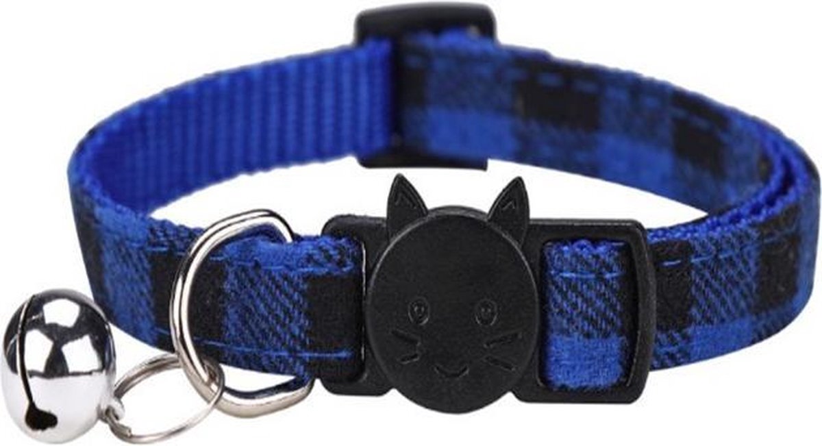 DecoDuoBelle - kattenhalsband Theo - kattenbandje met bel - halsband kat of hond - belletje - veiligheidssluiting - geruit - blauw blauw