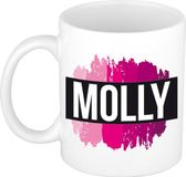Bellatio Decorations Molly naam cadeau koffie mok - beker - met roze verfstrepen - Cadeau collega - moederdag - verjaardag - juf - coach - 300 ml - wit