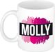 Bellatio Decorations Molly naam cadeau koffie mok - beker - met roze verfstrepen - Cadeau collega - moederdag - verjaardag - juf - coach - 300 ml - wit