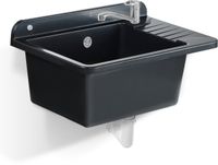KADAX GOSPO Gootsteen van polystyreen, 50,5 x 34,5 cm, spoelbak met legplank, wastafel voor werkplaatsen, garages en bijkeuken (zwart, met kraan)