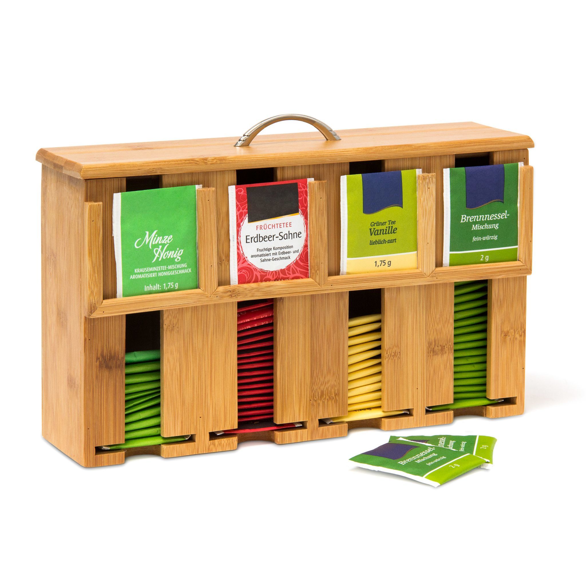 Relaxdays Thee Organizer - 4 Vaks - Bamboe - 22x33x9.5 cm - Lichtbruin