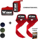 Thor Athletics Lifting Straps incl. Wrist Wraps 60cm (Flexibel) - Combinatie Bundel - Krachttraining Accessoires - Powerlifting Straps - Polsbrace - Rood - Inclusief E-Book - One Size