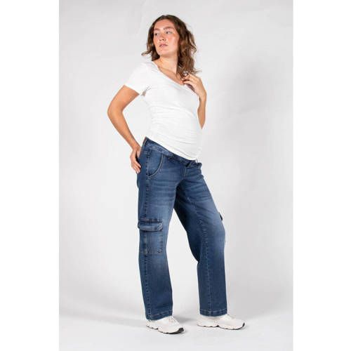 LOVE2WAIT Low Waist Maternity Cargo Jeans - Stonewashed