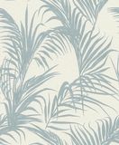 Rasch 314014 - Licht vliesbehang in crèmewit met grote palmbladeren in blauw uit de collectie Deco Style