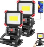 Merkloos LED Oplaadbare Werklamp met Klem - 2Pack 850LM COB Magnetische Werklamp met 3 Verlichtingsstanden