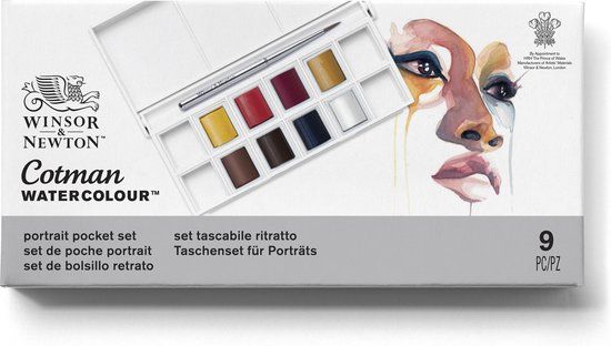 Winsor & Newton Cotman Aquarelverf Set – Portrait Pocket Set – 8 Halve Napjes Waterverf – Compact Aquarelpalet met Penseel