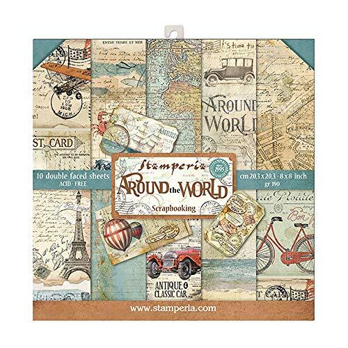 Stamperia SBBS12 Papierblok 10 vellen 20,3 x 20,3 (8" x 8") dubbelzijdig Around the World, meerkleurig