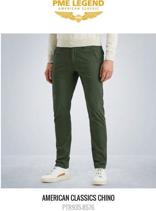 PME Legend Heren Chino Broek TWIN WASP CHINO Regular Straight Fit Katoen Elastaan Groen W34/L32