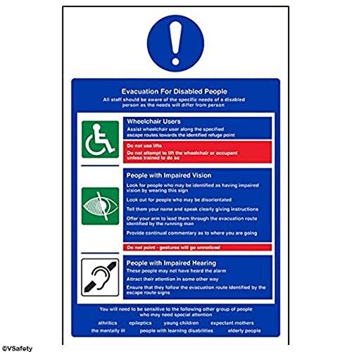 V Safety VSafety 12018AU-S Fire Action Sign, Evacuatie voor gehandicapten, Zelfklevend, Portret, 200 mm x 300 mm, Blauw/Groen/Zwart/Rood