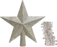 Décoration de Noël Ornement d'arbre de Noël Plastique Paillettes Étoile Couronne 19 cm et Guirlandes Étoiles Lot Perle/Champagne 3x Pièces