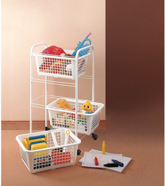 Metaltex Opbergrek Met Wielen + 3 Manden - Wit - 30x38x68 cm