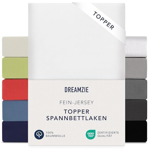 Dreamzie Hoeslaken Topper 90x200 cm - 100x200 cm, 100% Katoen Jersey, Topper Hoogte Tot 15 cm, Hypoallergeen, Oeko-Tex, Wit