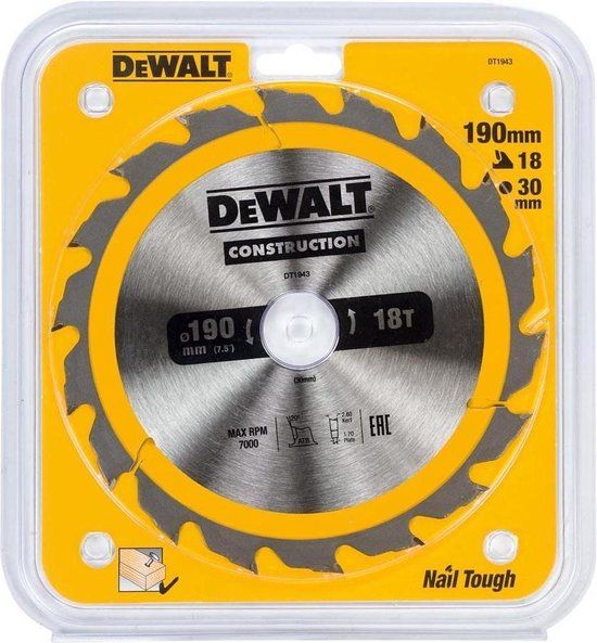 DeWalt DT1943 Cirkelzaagblad - 190 x 30 x 18T - Hout (met nagels)