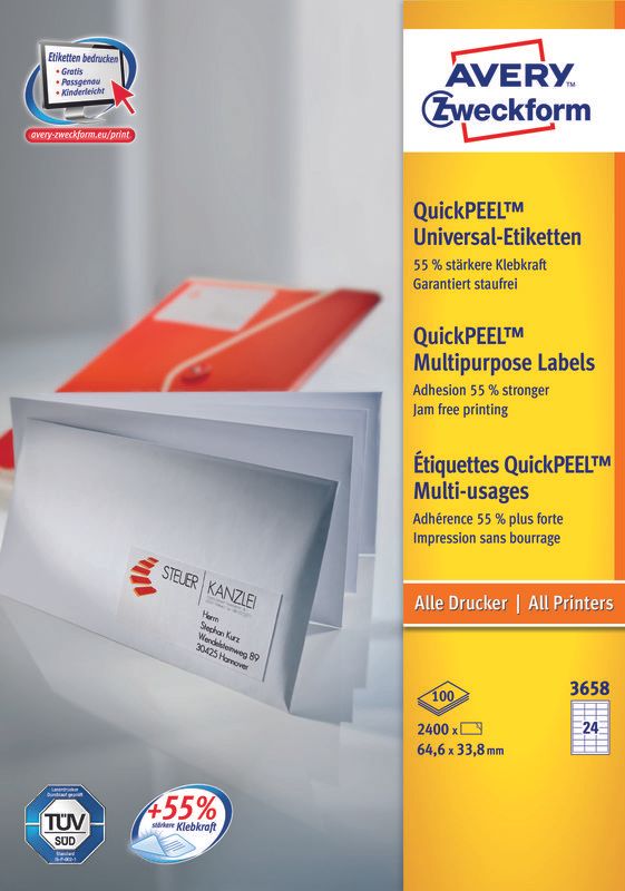 Avery 3658 - White Rectangle Labels - 64.6 x 33.8mm - 2400 Labels