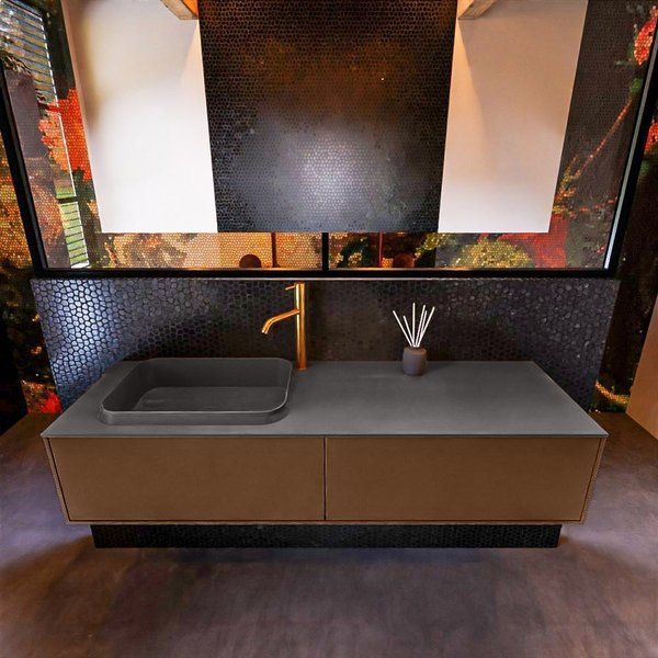 Mondiaz ERIN 150cm badmeubelset onderkast Rust met 2 lades Wastafel RIDGE links Dark grey