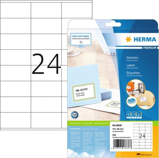 HERMA - Etiketten 8638 - 70x36mm - Premium Wit - 70 stuks