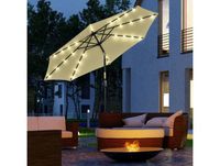 Outsunny Parasol de Jardin Extérieur Rond Ø 265 cm, Lumières LED Solaires, Manivelle Inclinable, Mât en Acier, 8 Baleines, Beige