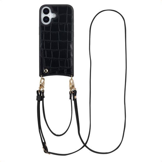 Selencia Croco Backcover met koord en pashouder - Zwart - Geschikt voor Apple iPhone 17