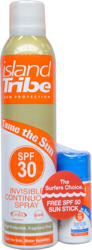 Island Tribe SPF 30 invisible continuous clear gel spray 320 ml incl gratis SPF 50 Sun stick