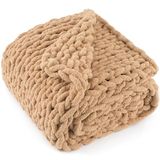 LONG CREATE Grof gebreide deken 122 x 60 cm, 100% handgemaakt met zacht chenillegaren, 2 kg dikke kabelgebreide dekens, grote gehaakte touwknopen voor bank en slaapbank, woondecoratie, bruinbruin