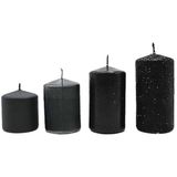 Adventskaarsen, stompkaarsen, adventskranskaarsen, tafelkaarsen, blokkaarsen, tafelkaars in matzwart en zwart-glitter, levering 4 stuks, getrapt van L/B/H 5 x 5 x 5 cm tot L/B/H 5 x 5 x 9 cm
