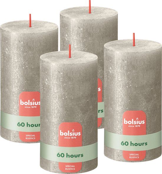 Bolsius - Rustieke kaars Shimmer - 4 Stuks - Metallic Champagne Zilver - 13cm - 60 branduren