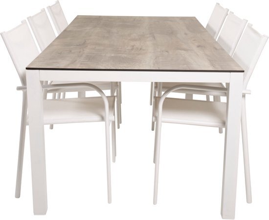 Hioshop Llama tuinmeubelset tafel 100x205cm en 6 stoel Santorini wit, grijs, crèmekleur.