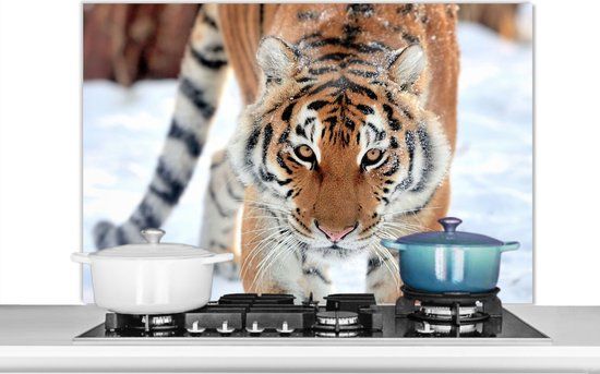 KitchenYeah Keuken Spatscherm 100x65 cm - Tijger Sneeuw Dieren - Aluminium