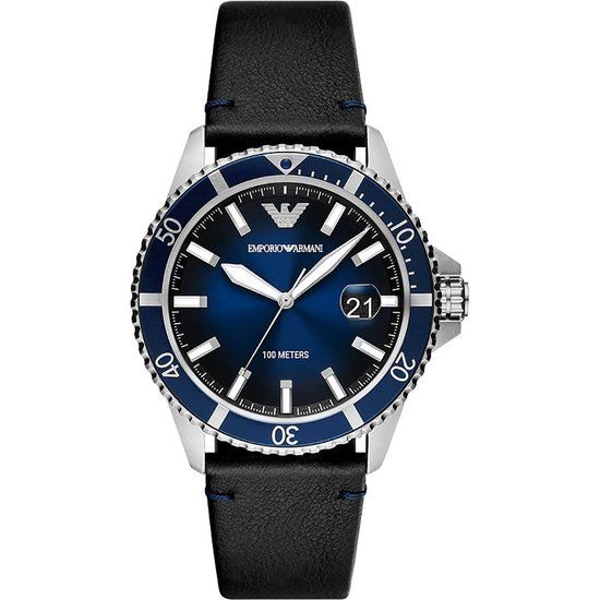 Emporio Armani Diver AR11516 Herenhorloge - Zwart Leer - 42mm - Blauwe Wijzerplaat