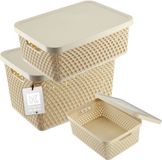 KADAX Opbergmand, mand met deksel, opbergkist, opbergdoos van plastic, moderne plankmand, container met ventilatiegaten (set van 3: 4,5L, 12L, 18L, Beige)