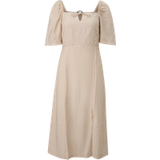 QS s.Oliver QS Jurk lichtbeige met V-hals en ballonmouwen