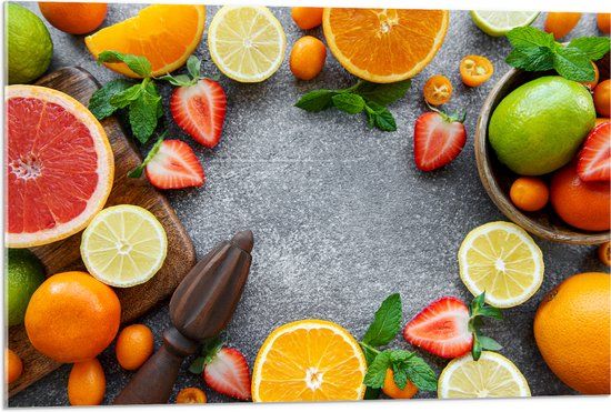 Merkloos / Sans marque Foto op Acrylglas - Cirkel van Verschillende Fruitsoorten - 90x60 cm
