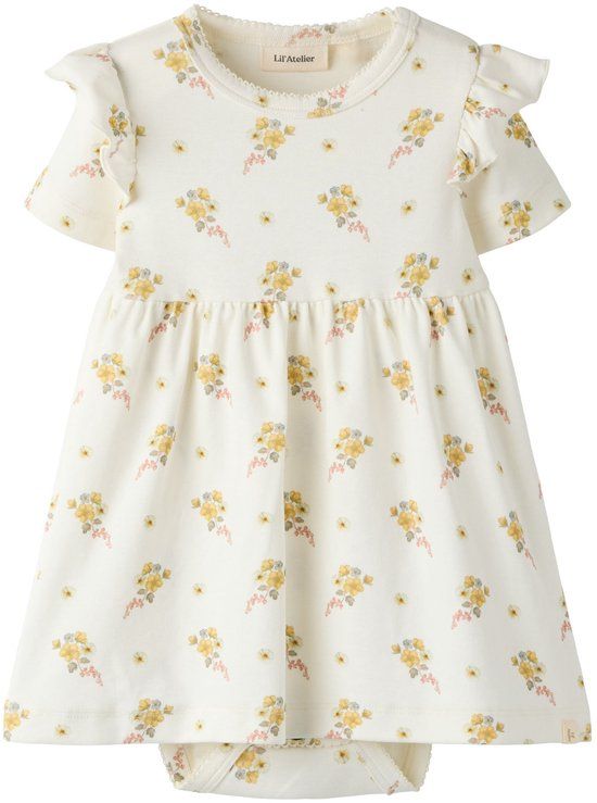 Lil' Atelier Baby Jurk, Gebloemd, Korte Mouw, Ronde Hals, Biologisch Katoen, Maat 68, Coconut Milk