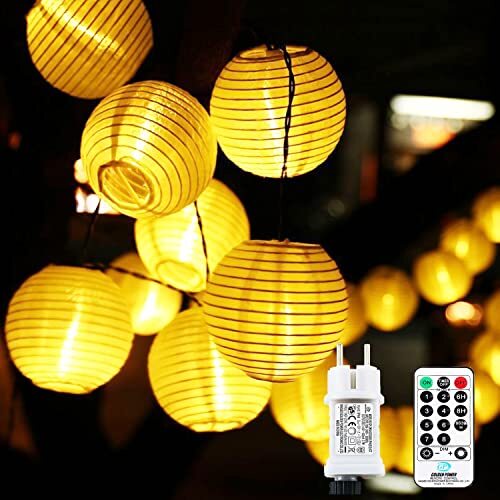 Nurkoo Led-lampionnen, lichtketting, buitenstroom, 10 m, 50 leds, uitbreidbaar, 8 modi, lichtketting, lampion, met afstandsbediening, geheugenfunctie, timer, stekker, lantaarn voor Kerstmis, terras, balkon, tuin, decoratie, warm wit