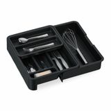 Relaxdays bestekbak uitschuifbaar, HxBxD: 6,5 x 23,5-40 x 31,5 cm, 7 vakken, keuken, bestek organizer kunststof, zwart