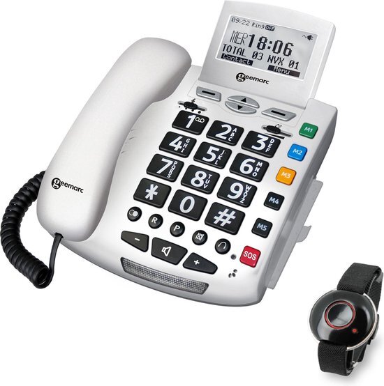 Geemarc SERENITIES telefoon met draagbare VAL-DETECTOR Man-Down . Met nummerweergave en 30 dB GELUIDSVERSTERKING geschikt voor SLECHTHORENDEN en SLECHTZIENDEN
