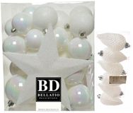 Decoris Kerstversiering kunststof kerstballen parelmoer wit 39x stuks - 5-6-8 cm - mix mat en glans - ster piek 19 cm