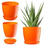 Merkloos Elegante ronde bloempot met onderschotel - Lichtgewicht kunststof plantenpot voor binnenshuis (Ø 16 cm, oranje)