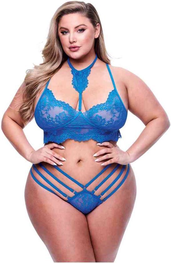 2PC STRAPPY LACE BRA &amp; PANTY SET BLUE, QUEEN