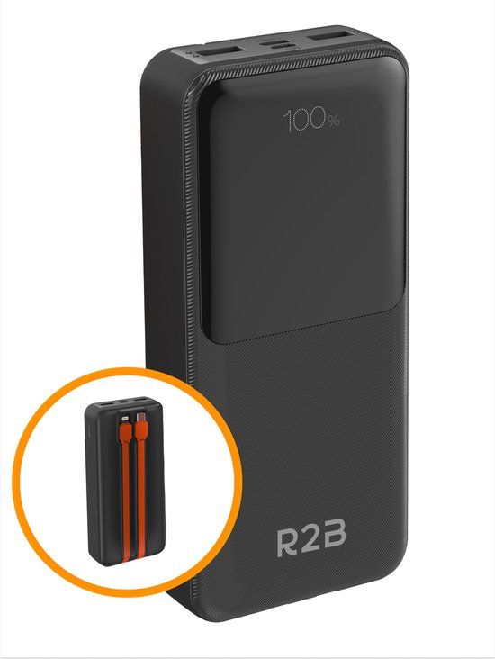 R2B Powerbank 20000 mAh with Built-in Charging Cables (8 Pins and USB-C) - 4 to 6 Times Charging - Fast Charger & LED Display - Black