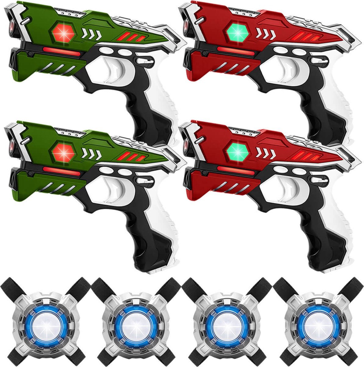 KidsTag 4 Laserguns rood/groen + 4 Vesten - Lasergame set met 4 laserpistolen voor kinderen