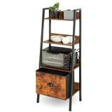 FurnitureR Ladderrek, 4 smalle planken, boekenkast voor thuiskantoor, woonkamer, slaapkamer, keuken, houten boekenplank met laden, industrieel, rustiek bruin en zwart