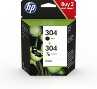 HP 304 originele zwarte/drie-kleuren inktcartridges, 2-pack