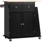 HOMCOM Îlot de cuisine avec plan de travail, étagère, range-bouteilles, porte-torchons, 2 tiroirs, placard, 2 portes, MDF, noir, hévéa