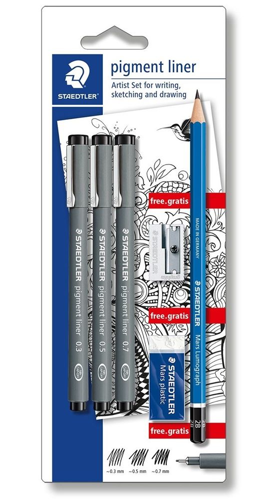 Staedtler Pigment Liner - PROMO set met 3 stuks + gom, slijper en potlood GRATIS