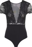 Pieces Sicca Stringbody met Mesh en Kant - Zwart