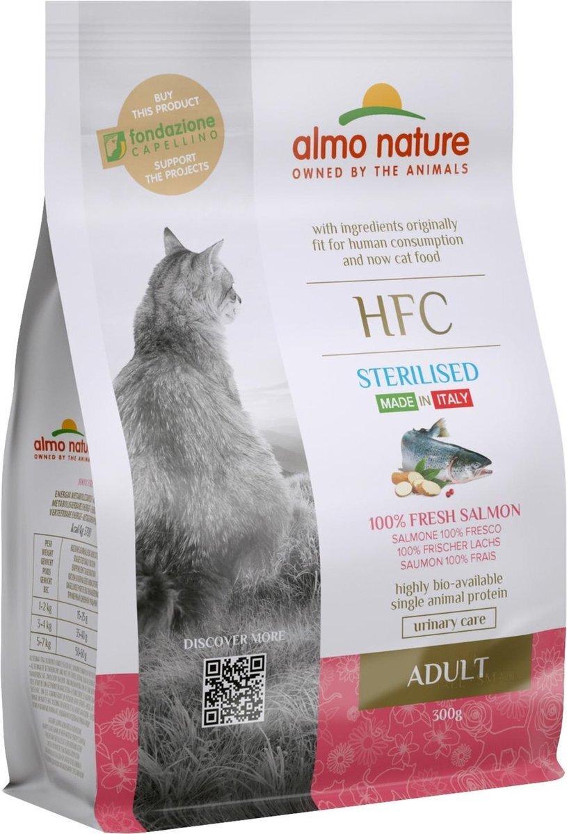Almo Nature Nature - Kat HFC Adult Sterilized brokken voor gecastreerde / gesteriliseerde katten - rund, kip, kabeljauw of zalm - 1,2kg, 300gr - Zalm, Gewicht: 300g