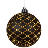 Anna's Collection Verlichte kerstbal - goud - 15 cm - Diamant patroon - 12 LED lampjes - warm-wit - batterij - hangdecoratie